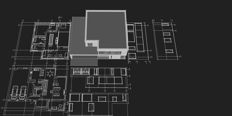 house architectural project sketch 3d illustration