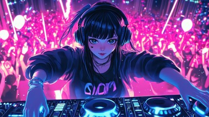 Manga Girl DJ at a Neonlit Party   A highenergy scene featuring an anime girl DJ with oversized headphones