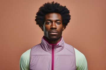 Fototapeta premium Portrait of a content afro-american man in his 20s wearing a lightweight running vest in solid color backdrop