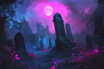 Halloween party background, full moon night illustration, Halloween pumpkin ghost, abandoned house, cemetery, bat, scary tree and Halloween elements Scary website Banner template Vector illustration