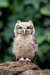 Fototapeta premium Intense Yellow-Eyed Owl Closeup on Branch in Natural Green Setting - Tranquil Wildlife Portrait