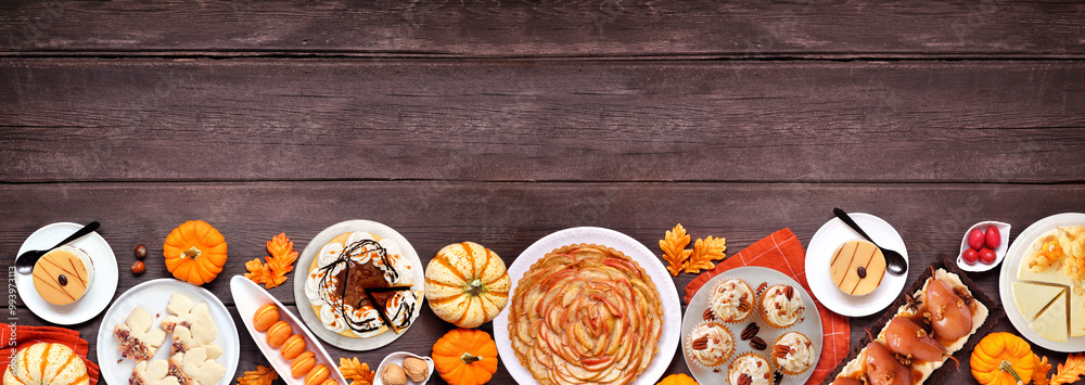 Poster autumn desserts bottom border. table scene with assorted gourmet fall sweet foods. top down view ove