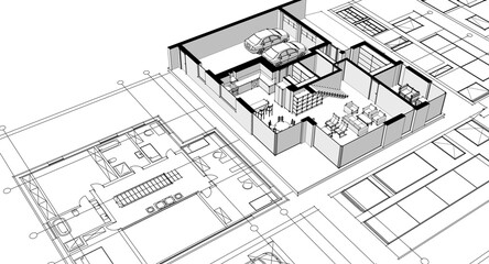 house architectural project sketch 3d illustration
