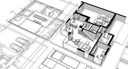 house architectural project sketch 3d illustration