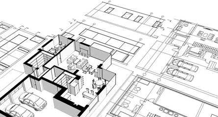 house architectural project sketch 3d illustration