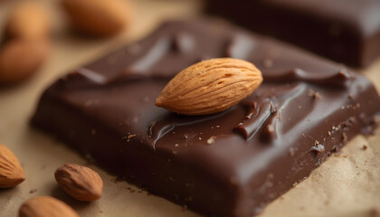 Close-up of a chocolate square with an almond on top