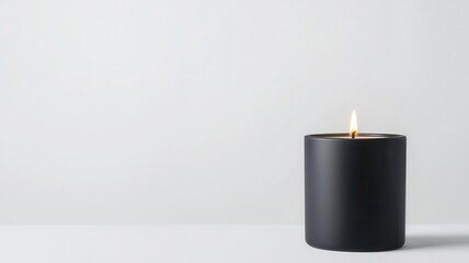 Minimalist black candle on a clean white surface, subtle flickering flame, soothing aroma filling the air