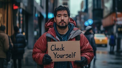 Man with "Check Yourself" sign on city street