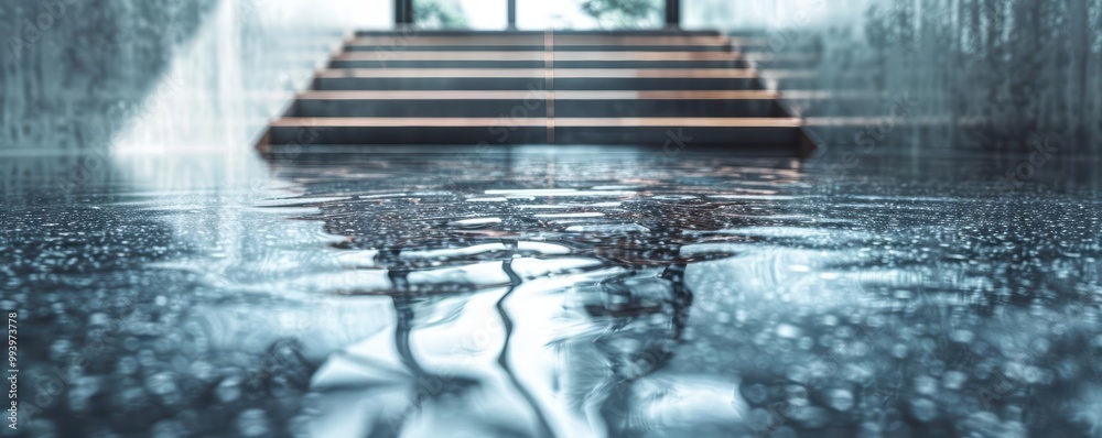 Aufkleber A serene room with wooden stairs reflecting in a pool of water, creating a calming ambiance with soft light.