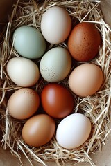 Colorful Eggs Nestled in Hay.