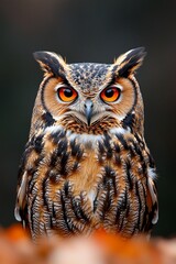 Fototapeta premium Mesmerizing Owl Closeup Intense Gaze of Majestic Feathered Hunter in Soft Light, Wildlife Portrait