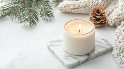 Scented candle on a marble tray, warm and soft light spreading in a cozy atmosphere, aromatic elegance concept