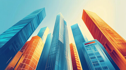 A vibrant cityscape with modern skyscrapers photorealism, copy space