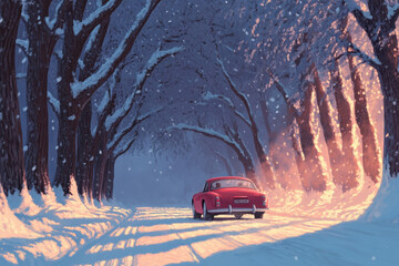 Red Car Driving Through Snowy Forest at Sunset