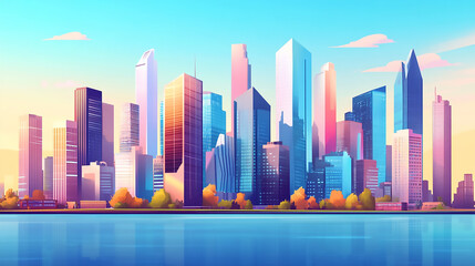 Obraz premium View of tall modern buildings reaching for the blue sky with white clouds. 