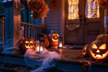 Obraz premium A spooky front porch decorated for Halloween with glowing jack-o'-lanterns, cobwebs, and lanterns, creating a festive and eerie atmosphere perfect for the holiday season