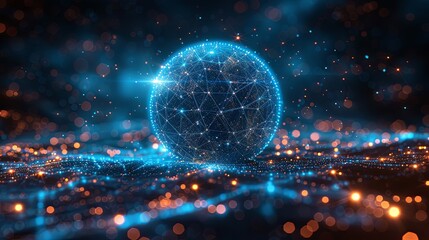 Abstract blue sphere with connecting dots and lines. Wireframe technology sphere. Big data visualization. 3d rendering