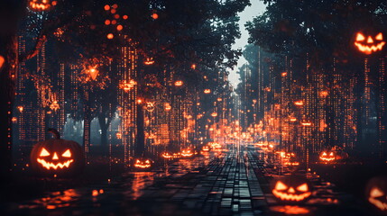 Fototapeta premium Overlapping images of AI Futuristic Technology hybrid Happy Halloween festival, scary pumpkin head