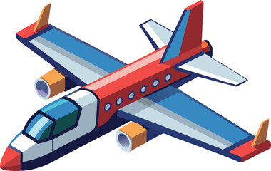 Fototapeta premium Small airplane illustration in red and blue with isometric perspective