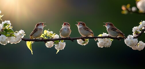 Serene Symphony of Nature Closeup of Four Singing Birds on Blossoming Branch in Golden Light