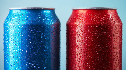 Condensation droplets on red and blue soda cans against a bright backdrop