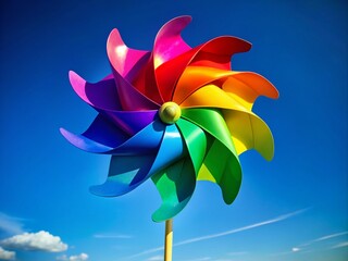 Colorful Rainbow Pinwheel Spinning in the Breeze Against a Clear Blue Sky on a Sunny Day