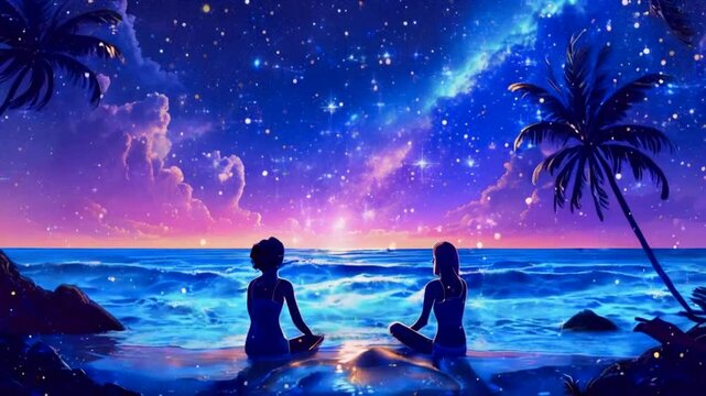 galaxy stars ocean illustration beach friends, conversation stories, glow celestial galaxy stars ocean AI generated