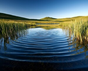 Tranquil Blue Pond Serene Macro View with Symmetrical Ripples and Verdant Surroundings - Nature Photography for Peaceful Landscapes and Relaxation Concepts (190 characters)