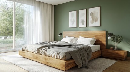 Modern Bedroom with Sage Green Accent Wall, Grey Sheets, and Abstract Paintings