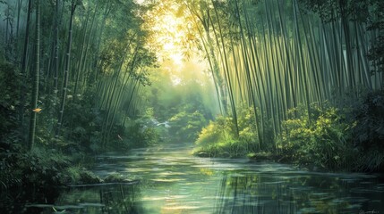 Fototapeta premium Dawn in a bamboo forest: sunlit shadows, rustling leaves, birds singing, and a tranquil stream.