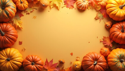 Pumpkins and Fall Leaves Border a Yellow Background