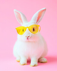 Fototapeta premium Cute white rabbit with yellow glasses on a pastel background for spring celebrations