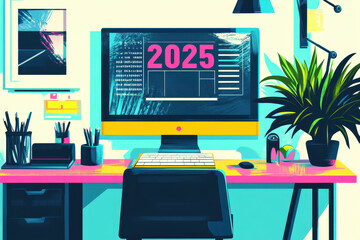 Bright Modern Workspace with Vibrant Colors and 2025 Computer Screen