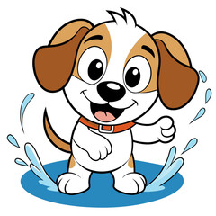 Joyful illustration of a happy dog splashing in water with an excited expression.