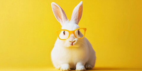 Obraz premium A cute white rabbit wearing yellow glasses on a pastel background for spring and Easter celebrations