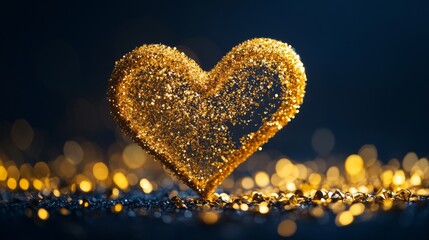 Fototapeta premium A shiny gold heart, made from sparkly Christmas bell confetti, stands out against a dark background.