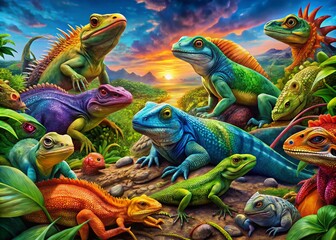 Obraz premium Colorful reptiles in their natural habitat showcasing the beauty and diversity of reptilian species