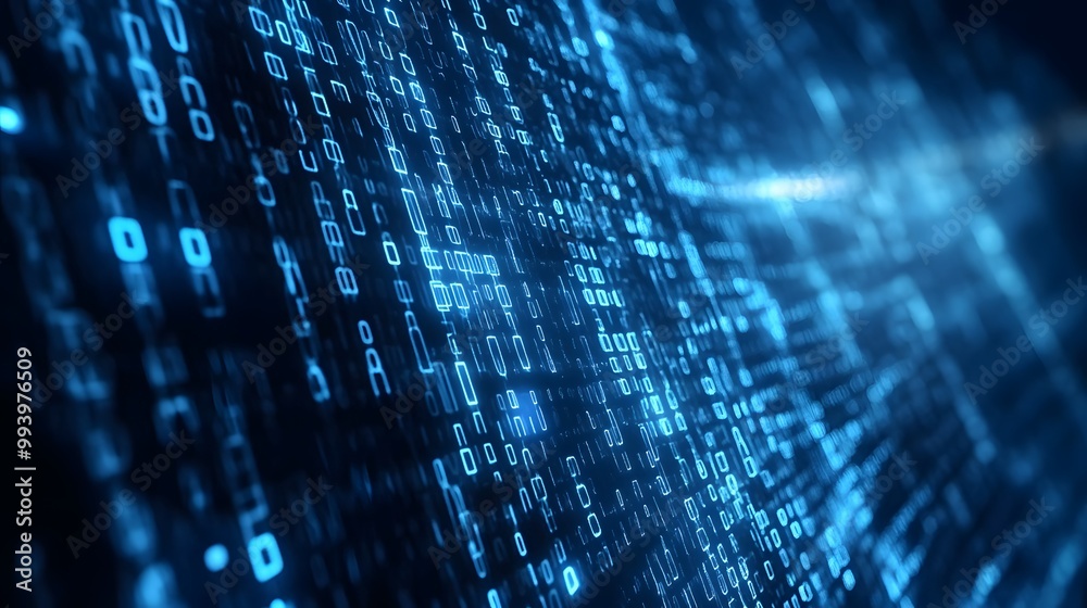 Poster abstract digital data stream with blue binary code