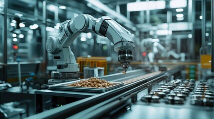 Advanced Robotic Arm Sorting Fresh Ingredients on a Conveyor Belt in a Modern Food Factory