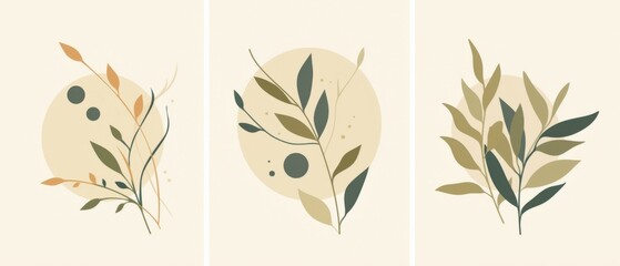 Set of three minimalist botanical wall art prints in neutral and sage green tones
