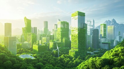 Obraz premium Green technology is all about building cities that are good for the environment. This includes using renewable energy like solar and wind power, and building eco-friendly buildings and infrastructure.