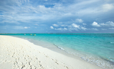 Beach and tropical sea . Blue sea and blue sky. Nature background