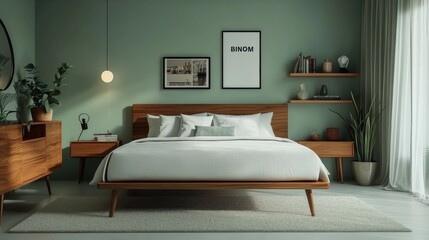 Minimalist Bedroom with Sage Green Accent Wall and AI Software UI Elements