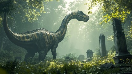 Dinosaur in a Foggy Graveyard: A Haunting Journey Through Time