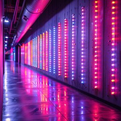 Fototapeta premium Futuristic equalizer bars in a neon-lit space.
