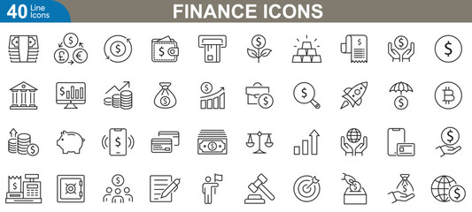 Finance outline icons set. Dollar, credit, bank, calculator, wallet. chart, stock market, coin stack and more. vector illustrator.
