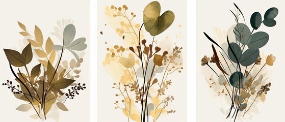 Set of three minimalist botanical wall art prints in neutral and sage green tones