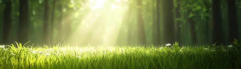 Obraz premium Sunlight filtering through lush trees illuminates a vibrant green forest floor.