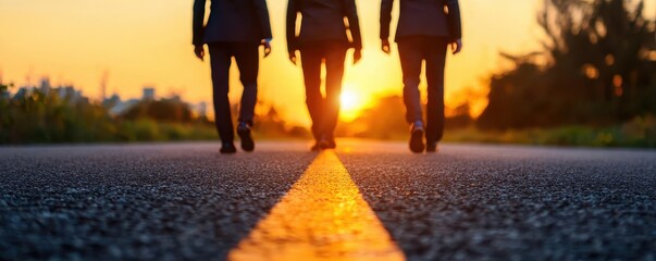 Three business professionals walking towards sunset on a road.