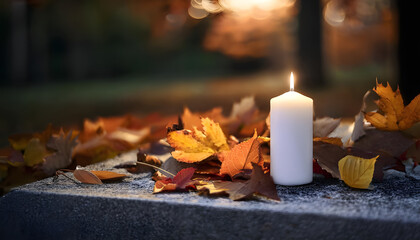  Candle on the grave. Cemetery on All Saints Day.